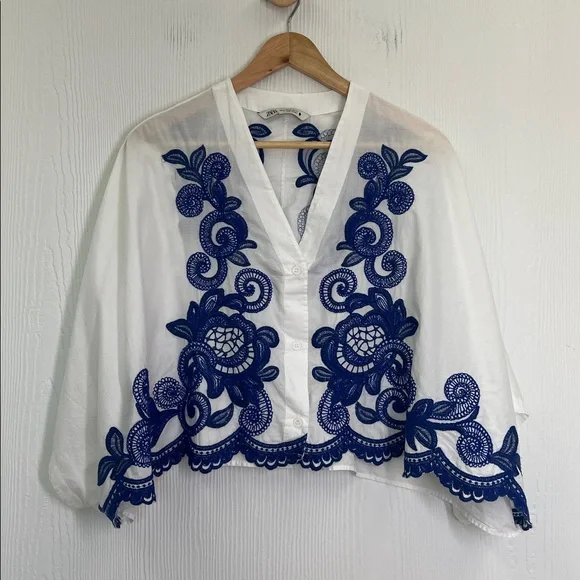 Zara - Blue Embroidered Floral White Button Down Batwing Blouse Size XS - Picture 7 of 12